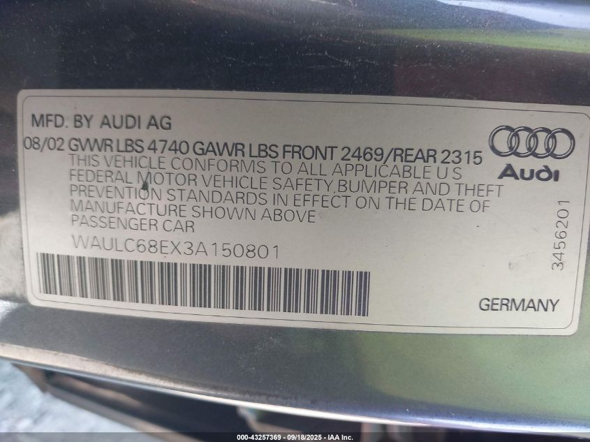 2003 Audi A4 1.8T VIN: WAULC68EX3A150801 Lot: 43257369