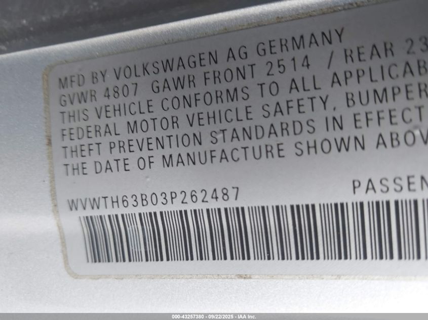 2003 Volkswagen Passat Glx VIN: WVWTH63B03P262487 Lot: 43257380