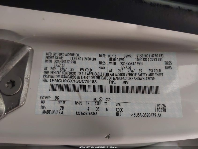 2016 Ford Escape Se VIN: 1FMCU9GX1GUC79188 Lot: 43257384