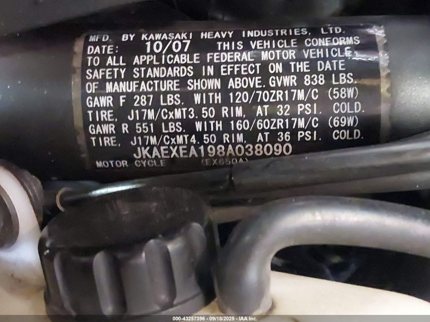 2008 Kawasaki Ex650 A VIN: JKAEXEA198A038090 Lot: 43257396