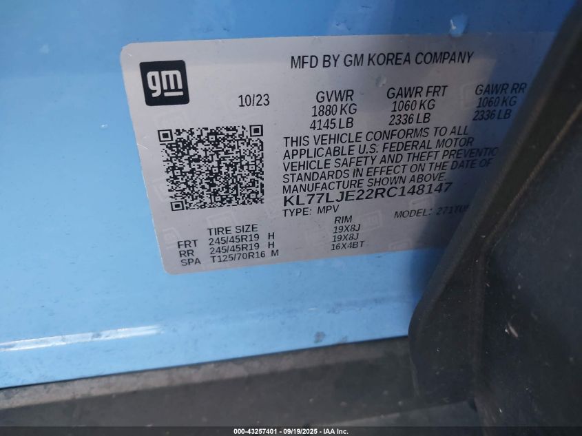 2024 Chevrolet Trax Fwd 2Rs VIN: KL77LJE22RC148147 Lot: 43257401