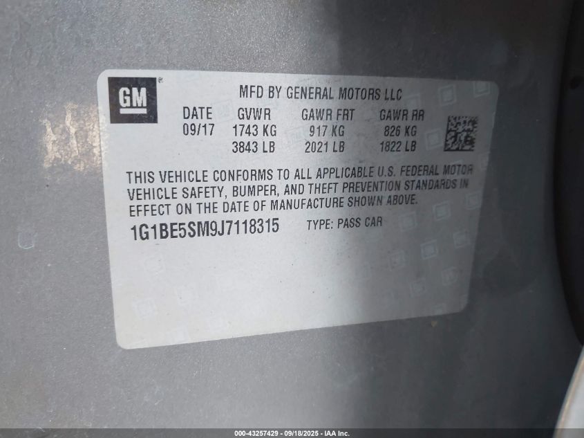 2018 Chevrolet Cruze Lt Auto VIN: 1G1BE5SM9J7118315 Lot: 43257429