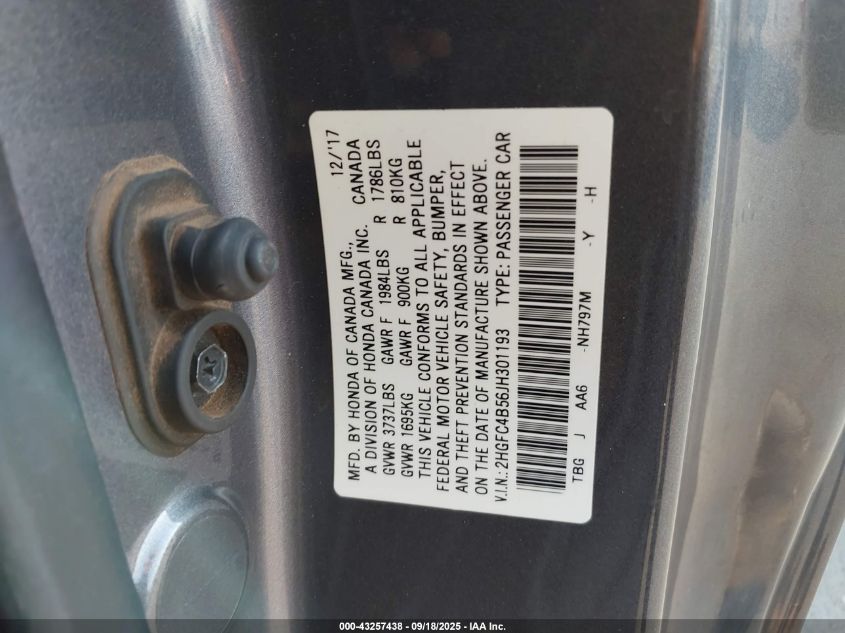 2018 Honda Civic Lx VIN: 2HGFC4B56JH301193 Lot: 43257438