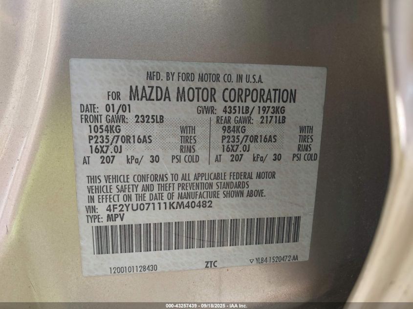 2001 Mazda Tribute Dx V6 VIN: 4F2YU07111KM40482 Lot: 43257439