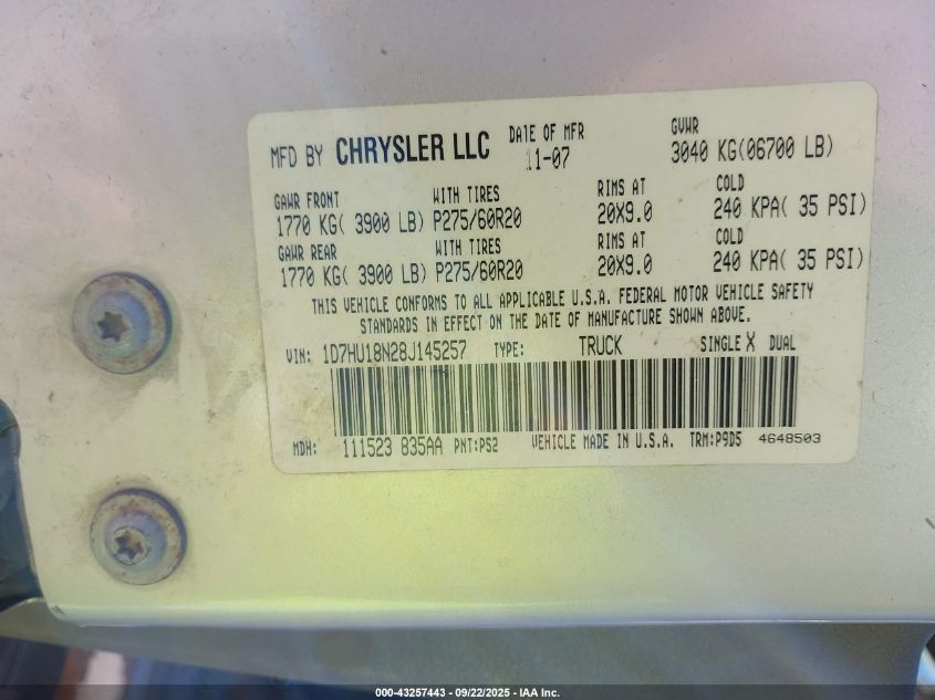 2008 Dodge Ram 1500 Slt VIN: 1D7HU18N28J145257 Lot: 43257443
