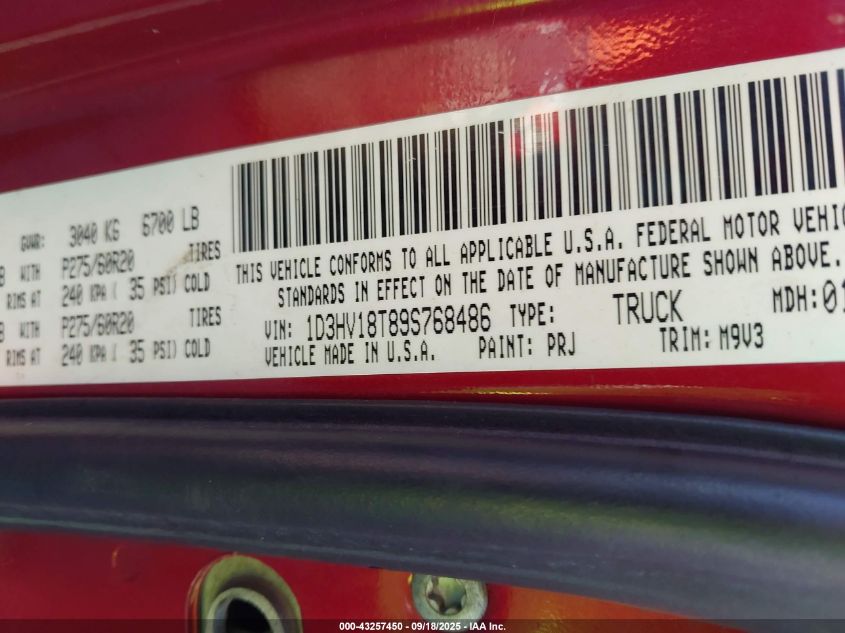 2009 Dodge Ram 1500 Slt/Sport/Trx VIN: 1D3HV18T89S768486 Lot: 43257450