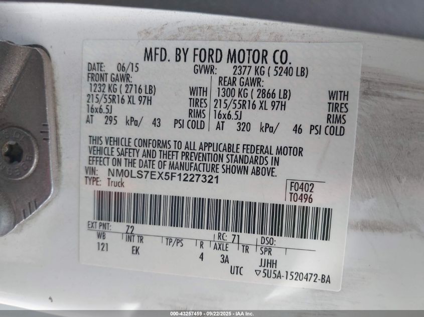 2015 Ford Transit Connect Xl VIN: NM0LS7EX5F1227321 Lot: 43257459