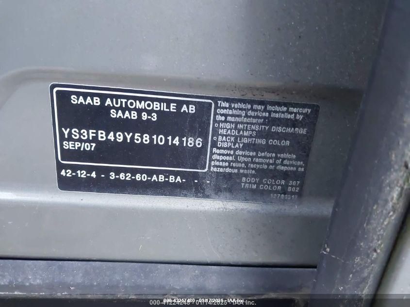 2008 Saab 9-3 2.0T VIN: YS3FB49Y581014186 Lot: 43257480