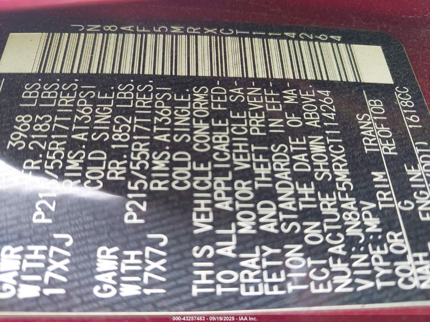 2012 Nissan Juke Sv VIN: JN8AF5MRXCT114264 Lot: 43257483