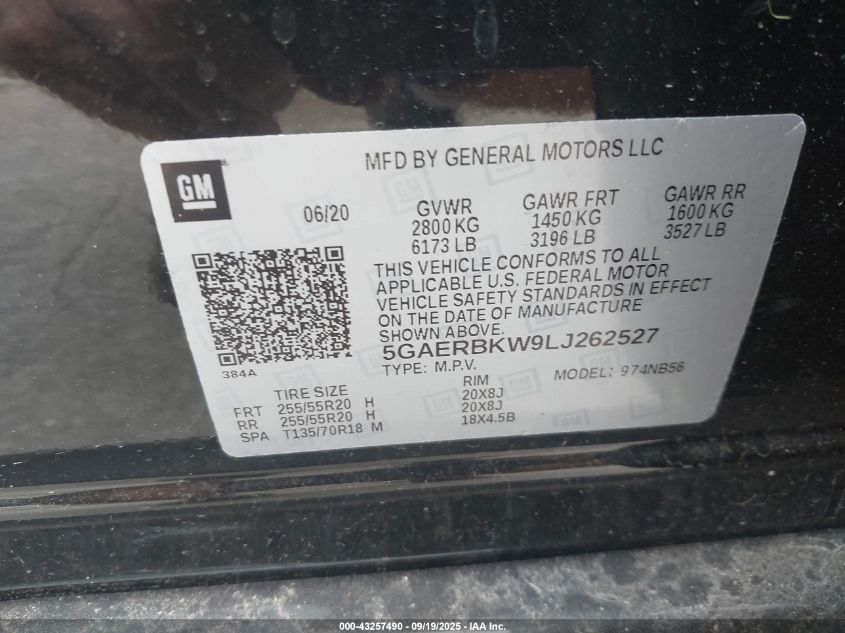 2020 Buick Enclave Essence VIN: 5GAERBKW9LJ262527 Lot: 43257490