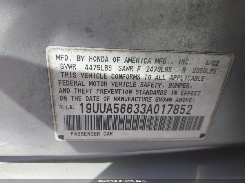 2003 Acura Tl 3.2 VIN: 19UUA56633A017852 Lot: 43257520