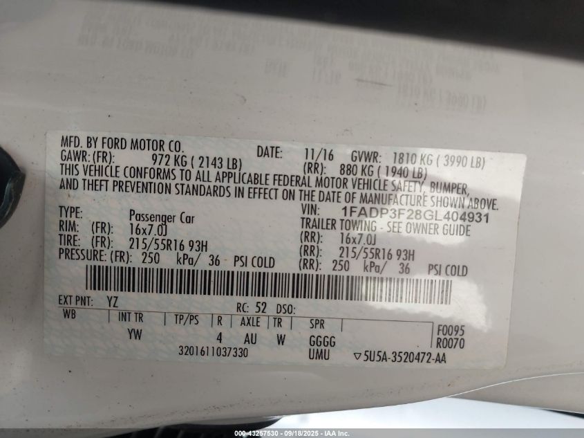 2016 Ford Focus Se VIN: 1FADP3F28GL404931 Lot: 43257530