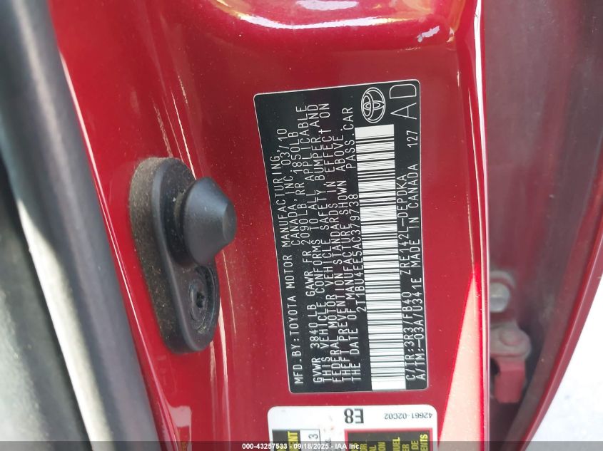 2010 Toyota Corolla VIN: 2T1BU4EE5AC379738 Lot: 43257533