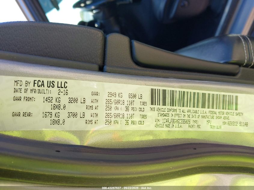 2016 Jeep Grand Cherokee Limited VIN: 1C4RJFBG0GC335026 Lot: 43257537