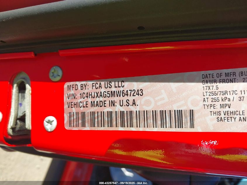 2021 Jeep Wrangler Willys 4X4 VIN: 1C4HJXAG5MW647243 Lot: 43257547