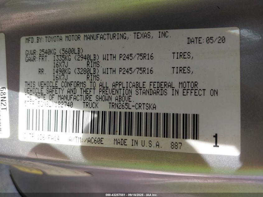 2020 Toyota Tacoma Sr VIN: 5TFRX5GN8LX182740 Lot: 43257551