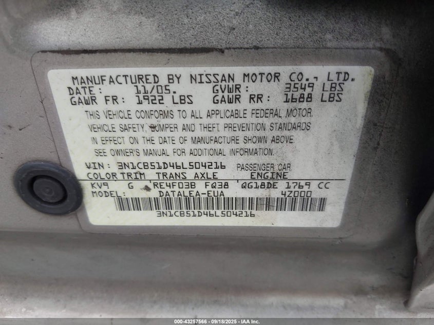 3N1CB51D46L504216 2006 NISSAN SENTRA photo no. 9