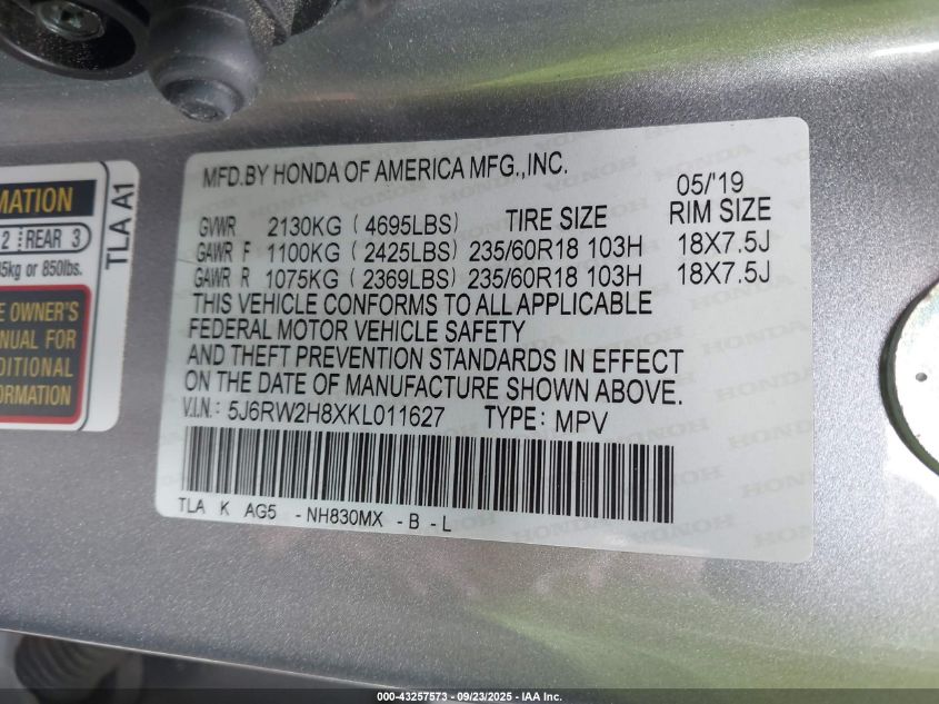 2019 Honda Cr-V Ex-L VIN: 5J6RW2H8XKL011627 Lot: 43257573