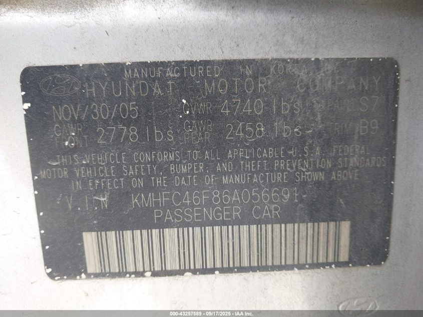 2006 Hyundai Azera Limited/Se VIN: KMHFC46F86A056691 Lot: 43257589
