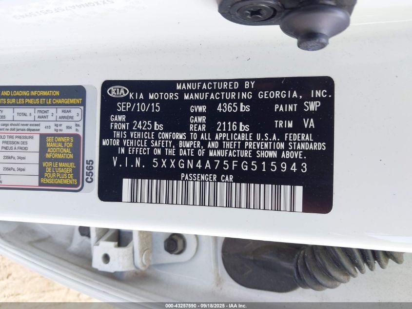 2015 Kia Optima Ex VIN: 5XXGN4A75FG515943 Lot: 43257590