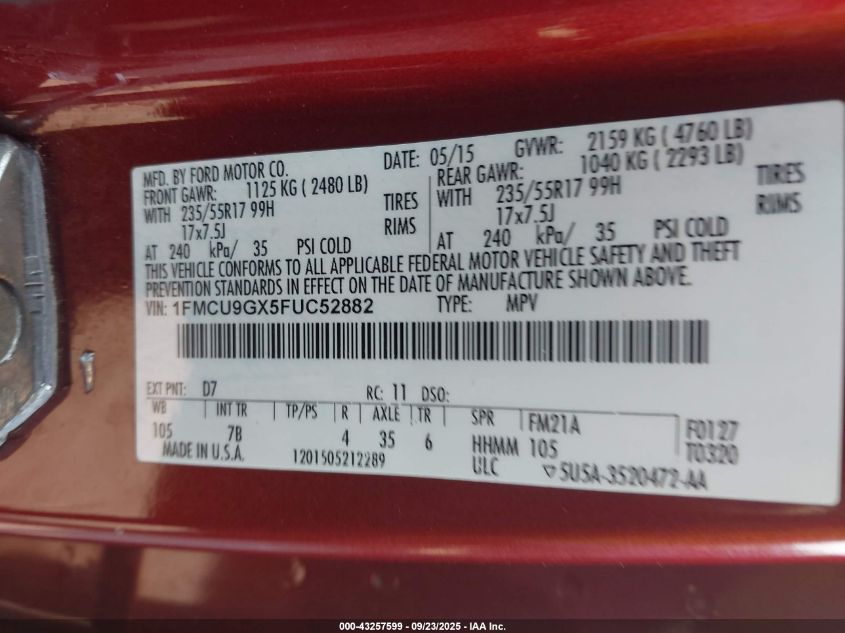 2015 Ford Escape Se VIN: 1FMCU9GX5FUC52882 Lot: 43257599