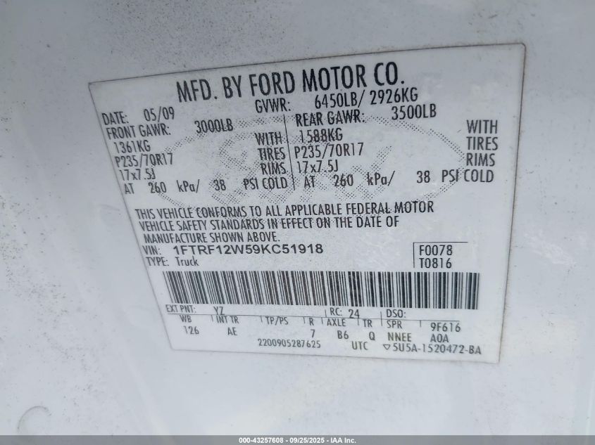 2009 Ford F-150 Stx/Xl/Xlt VIN: 1FTRF12W59KC51918 Lot: 43257608