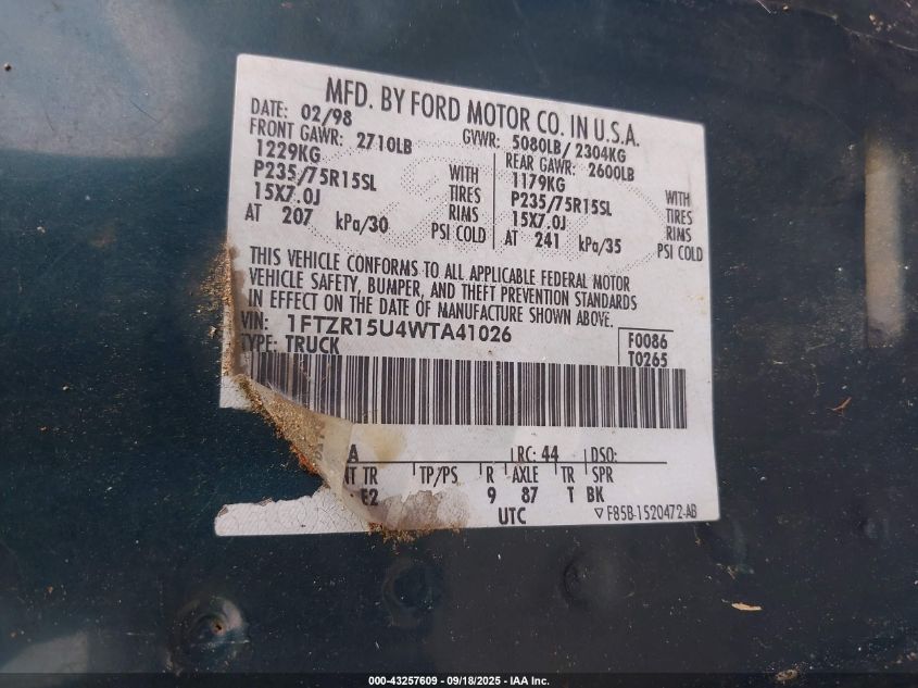 1998 Ford Ranger Splash/Xl/Xlt VIN: 1FTZR15U4WTA41026 Lot: 43257609