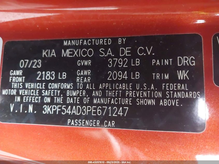 2023 Kia Forte Gt-Line VIN: 3KPF54AD3PE671247 Lot: 43257610