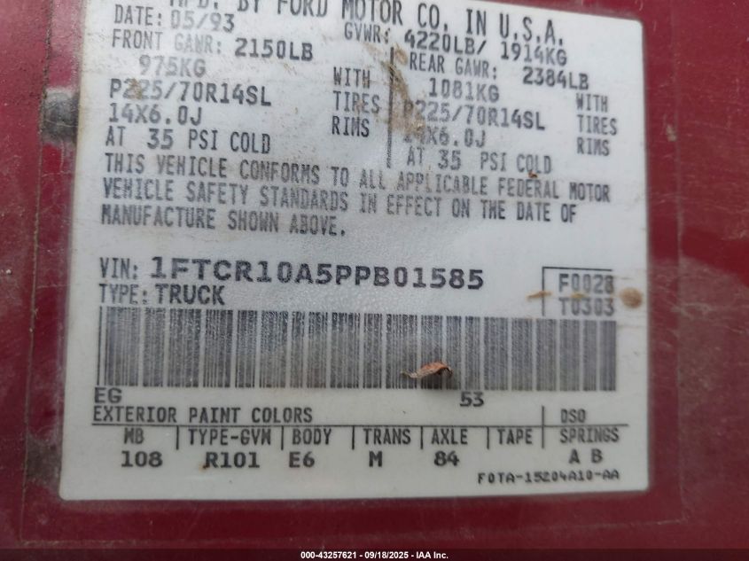 1993 Ford Ranger VIN: 1FTCR10A5PPB01585 Lot: 43257621