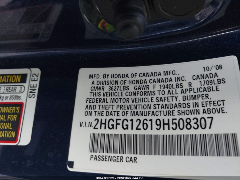 2009 Honda Civic Lx VIN: 2HGFG12619H508307 Lot: 43257626