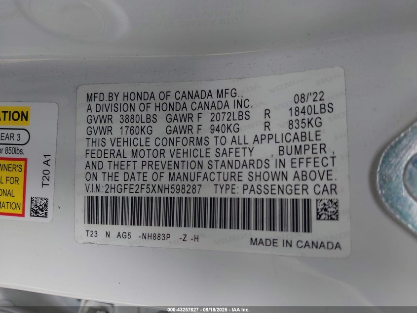 2022 HONDA CIVIC SPORT - 2HGFE2F5XNH598287