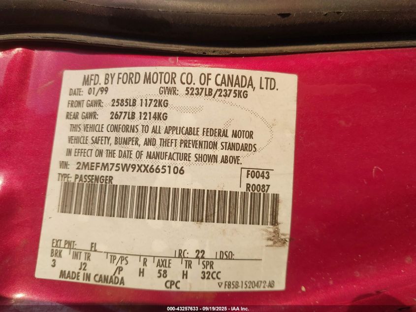 1999 Mercury Grand Marquis Ls VIN: 2MEFM75W9XX665106 Lot: 43257633