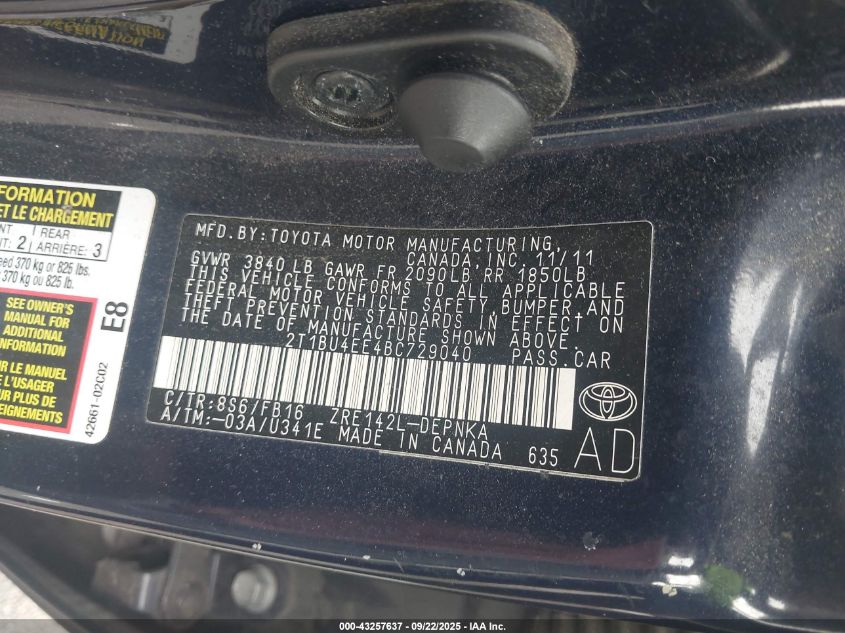 2011 Toyota Corolla Le VIN: 2T1BU4EE4BC729040 Lot: 43257637