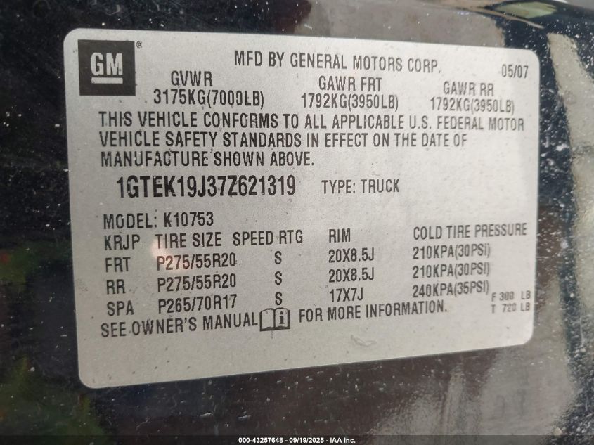2007 GMC Sierra 1500 Sle2 VIN: 1GTEK19J37Z621319 Lot: 43257648