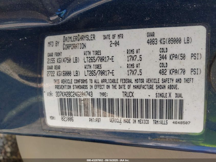 2004 Dodge Ram 2500 Slt/Laramie VIN: 3D7KA28C24G204743 Lot: 43257652