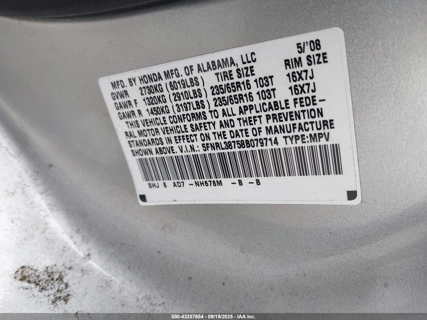 2008 Honda Odyssey Ex-L VIN: 5FNRL38758B079714 Lot: 43257654