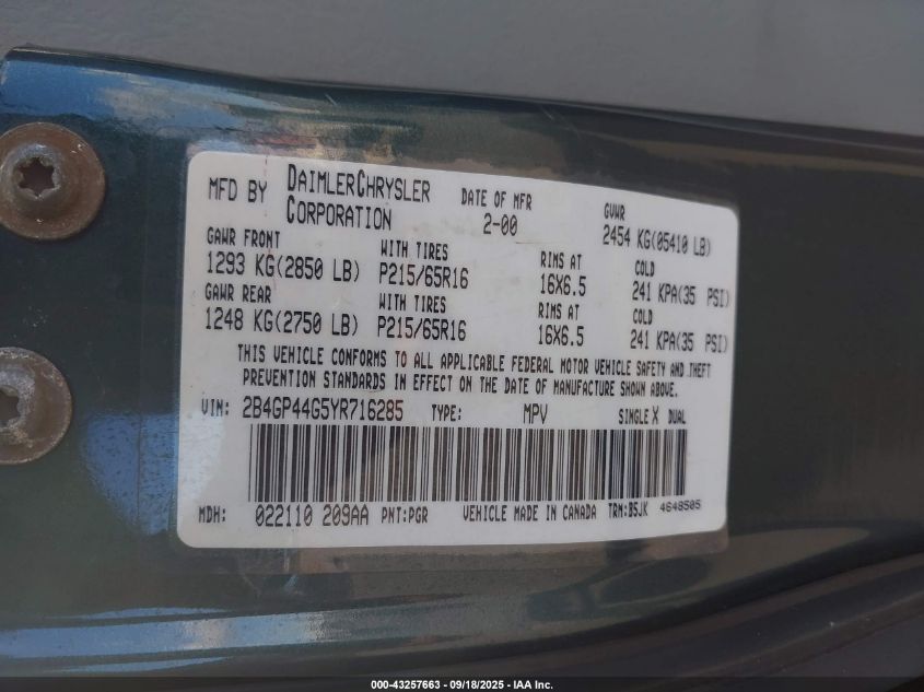 2000 Dodge Grand Caravan Se VIN: 2B4GP44G5YR716285 Lot: 43257663