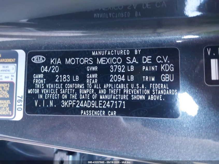 2020 Kia Forte Lxs VIN: 3KPF24AD9LE247171 Lot: 43257665
