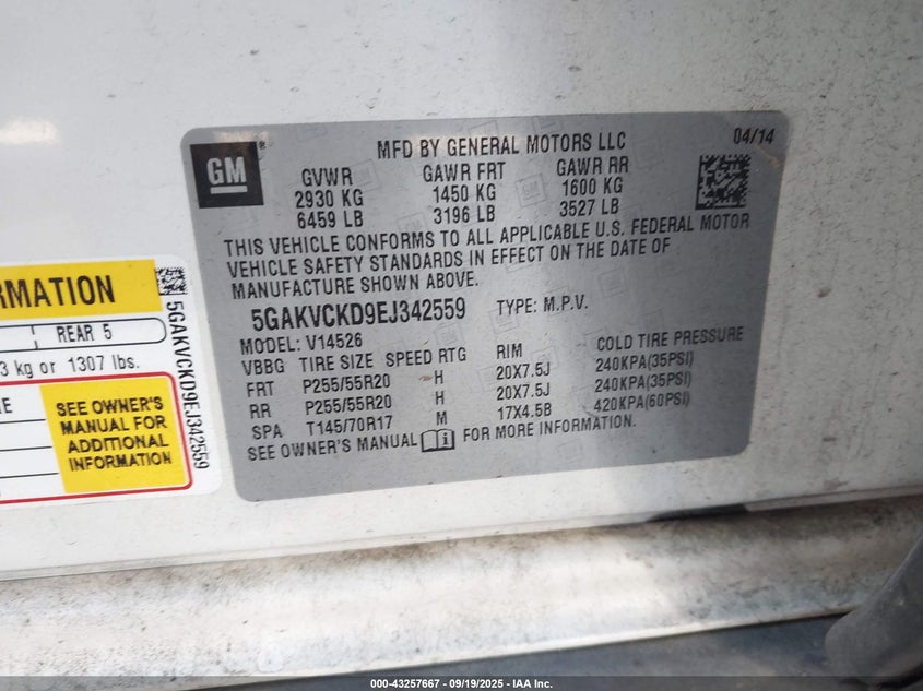 2014 BUICK ENCLAVE PREMIUM - 5GAKVCKD9EJ342559