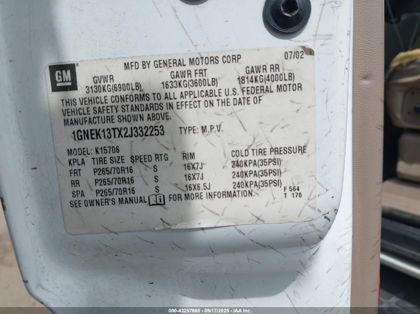 2002 Chevrolet Tahoe Lt VIN: 1GNEK13TX2J332253 Lot: 43257668