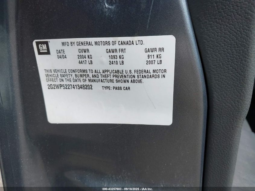 2004 Pontiac Grand Prix Gt1 VIN: 2G2WP522741348202 Lot: 43257683