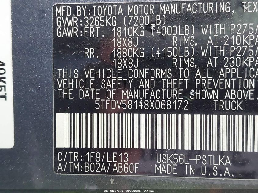 2008 Toyota Tundra Limited 5.7L V8 VIN: 5TFDV58148X068172 Lot: 43257686