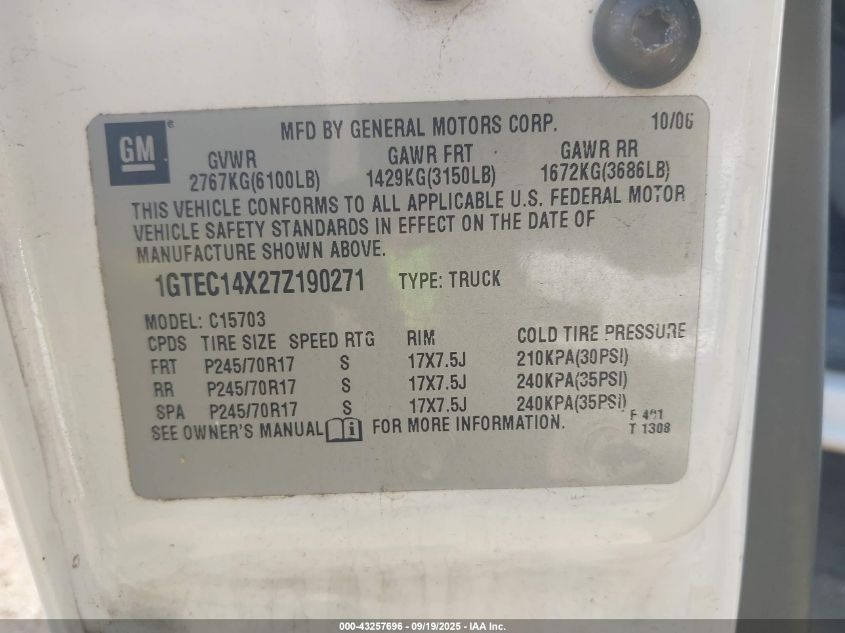 2007 GMC Sierra 1500 Classic Work VIN: 1GTEC14X27Z190271 Lot: 43257696