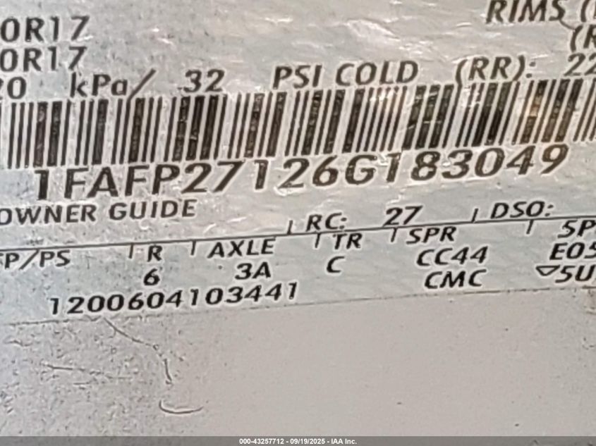 2006 Ford Five Hundred Sel VIN: 1FAFP27126G183049 Lot: 43257712