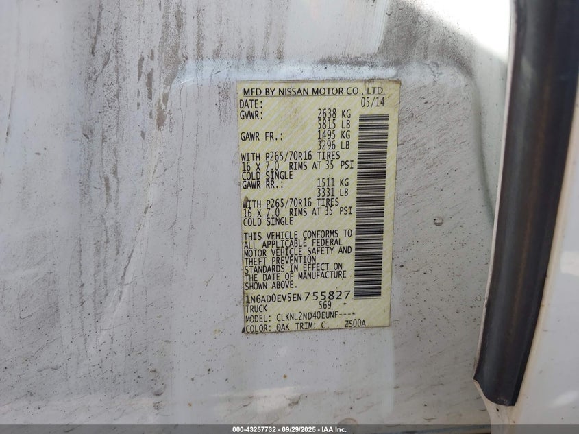 2014 Nissan Frontier Sv VIN: 1N6AD0EV5EN755827 Lot: 43257732