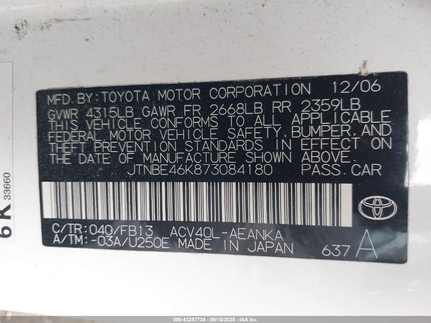 2007 Toyota Camry Ce VIN: JTNBE46K873084180 Lot: 43257734