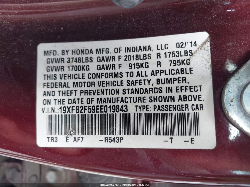 2014 Honda Civic Lx VIN: 19XFB2F59EE019843 Lot: 43257746