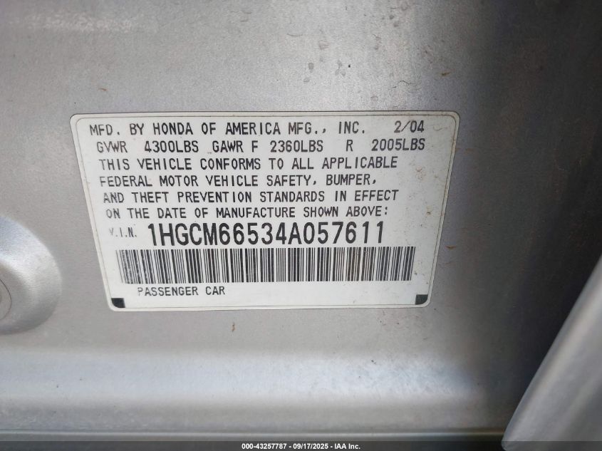 2004 Honda Accord 3.0 Ex VIN: 1HGCM66534A057611 Lot: 43257787