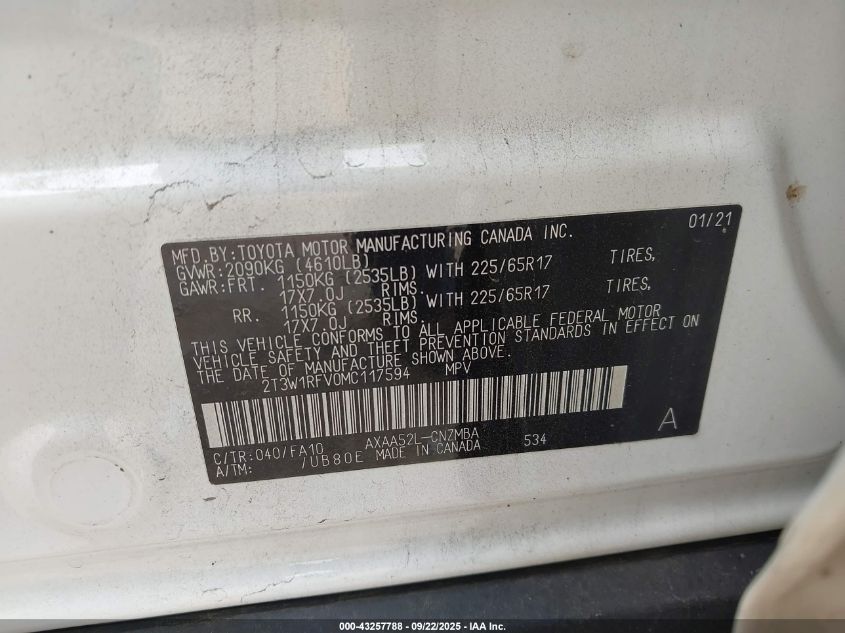 2021 Toyota Rav4 Xle VIN: 2T3W1RFV0MC117594 Lot: 43257788