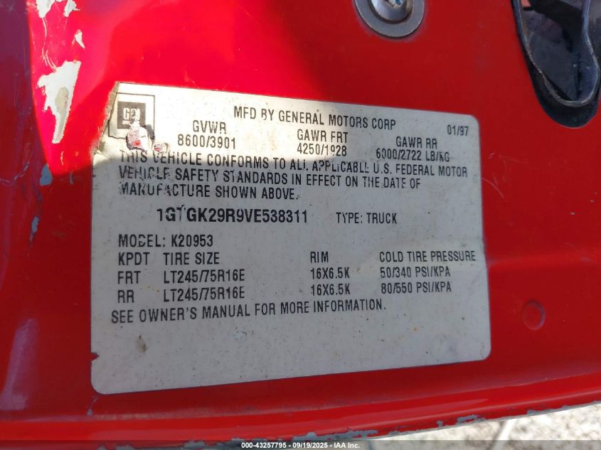 1997 GMC Sierra 2500 Hd Sl VIN: 1GTGK29R9VE538311 Lot: 43257795